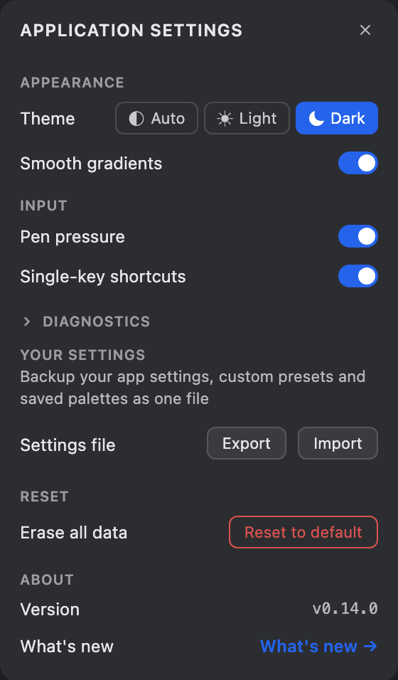 The Application settings panel: theme picker, Pen pressure switch, Pixel log switch, and a Reset to default button