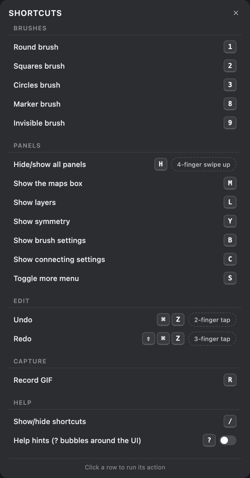 The Shortcuts panel