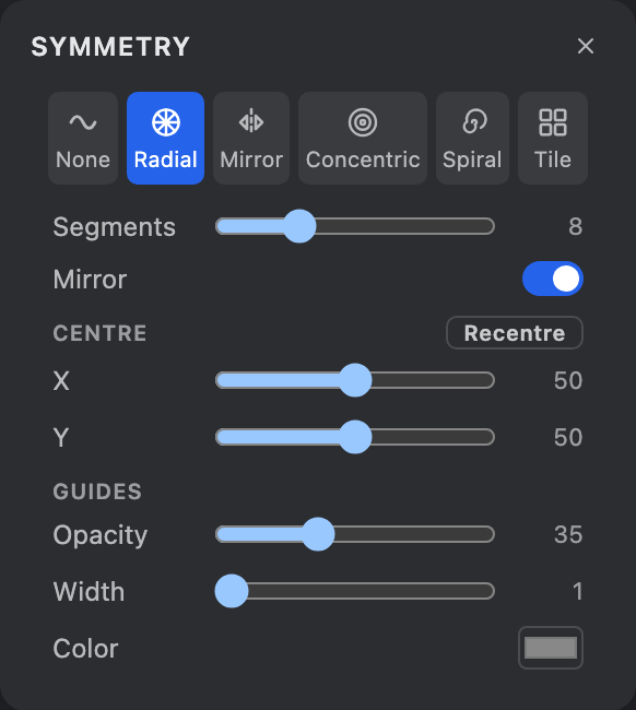 The Symmetry panel in Radial mode: the six-mode picker, the Mirror switch, the movable Centre with Recentre, and Guides