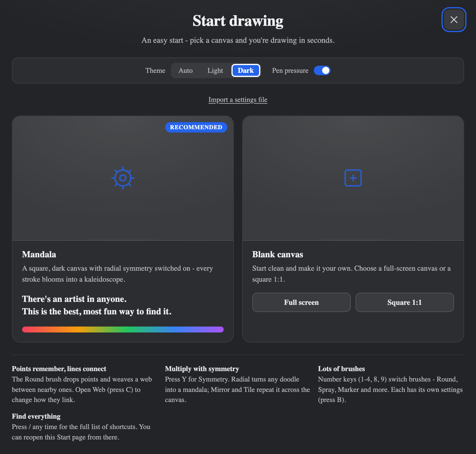 The Start page: a Mandala tile and a Blank canvas tile, with Theme and Pen pressure quick settings